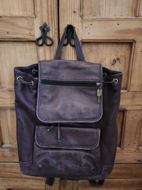 Fossil Dark Brown Leather Drawstring Backpack with Front Pockets